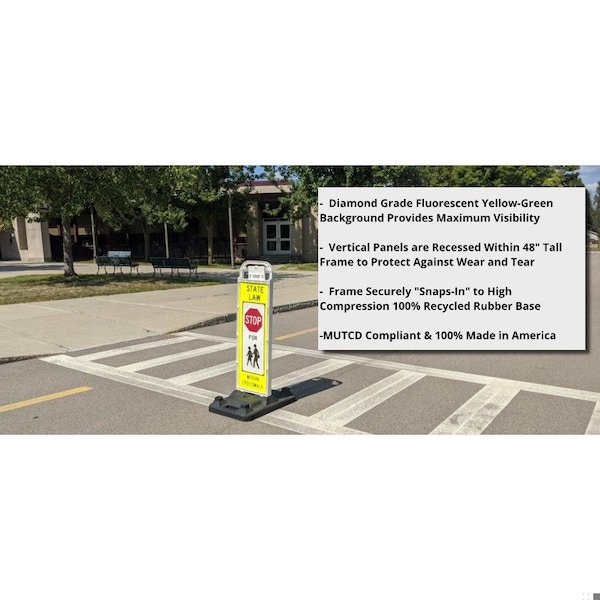 Vertical Crosswalk Sign, STOP FOR PEDESTRIANS, School Zone, 2 12W X 36H V-Panels, 37lbs U-Base